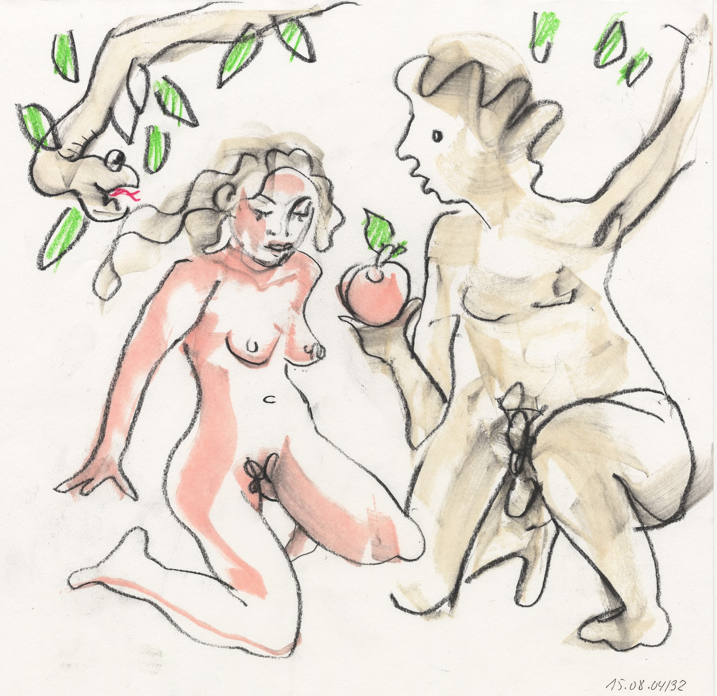 Gunter Langer, Karikatur Frau, Adam und Eva, Apfel, Adam und Eva beim Kosten, 2004, Gouache Wasserfarbe Bleistift, Karton, 30 x 42 cm